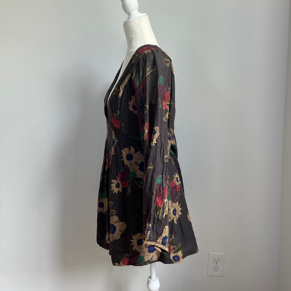 Free People Strawberry Fields Brown Floral Long Sleeve Tunic Mini Dress - Picture 4 of 7